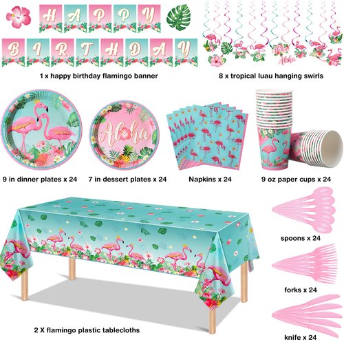 Buryeah 179 Pieces Flamingo Birthday Party Supplies Tropical Hawaiian Party Decorations for Girls Kids Included Banner Tablecloths Hanging Swirls Plates Napkins Cups Forks Spoons Knife for 24 Guests