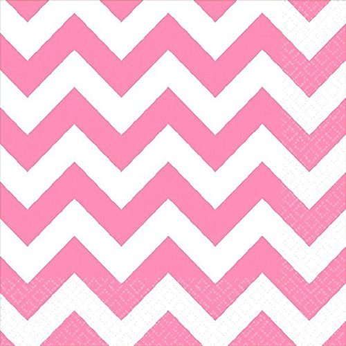 Amscan Disposable, Chevron Beverage Napkins, Gold, One Size 16ct Party Supplies, 5" x 5", Pink/White