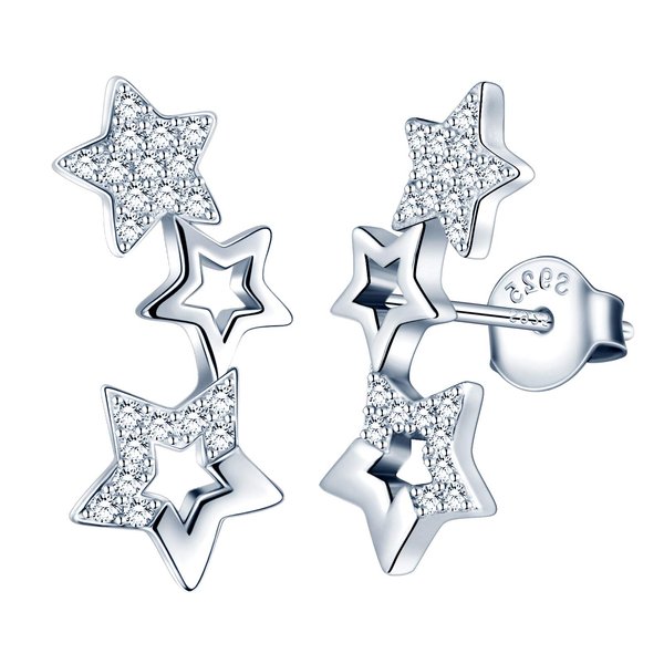 MicLee Stylish S925 Sterling Silver Stud Earrings Cubic Zirconia Stars Ear Crawlers for Women