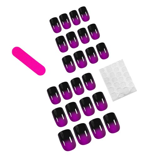 LBPEPAMZ Gradient Purple Press on Nails Short Square False Nails Black French Tips Glue on Nails Glossy Full Cover Acrylic Fake Nails Acrylic Nail Kit for Women Girls Daily Wear 24Pcs