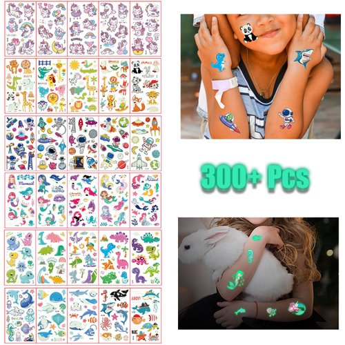 Temporary Tattoos For Kids, 300+ Mixed Styles Tattoos Stickers Set For Girls And Boys,Mermaid/Dinosaur/Space, Glow Party Supplies Goody Bag Stuffers