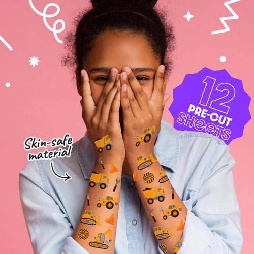 Big Dot of Happiness Dig It - Construction Party Zone Temporary Tattoos for Kids, Boy Birthday Party Favors, Truck Birthday Party Decorations, Yellow Party Supplies, 12 Sheets
