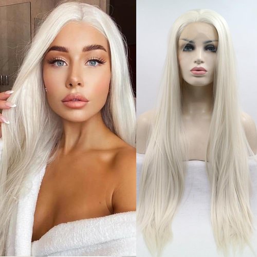 Xiweiya Long Silky Straight Hair 13x3 Lace Platinum Blonde Lace Front Wigs 60# White Gold Wigs Heat Resistant Fiber White Queen Wigs for Women Halloween Cosplay Glueless Wigs 24 Inches