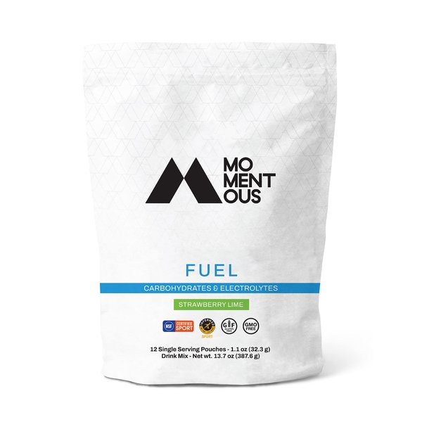 Momentous Fuel Intra-Workout Carbs & Electrolyte Drink Mix - Hydration Powder for Sustained Energy During Workouts - NSF Certified, GMO-Free, Gluten Free - 12 Single Serving Packets, Strawberry Lime