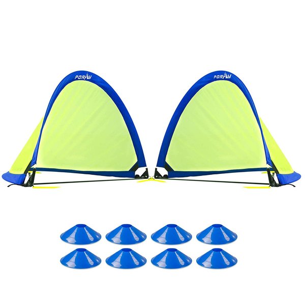 Poray Soccer Goal for Kid Easy-up Set of Two Portable Soccer Net 210D Oxford with 8 Field Marker Cones Extra Stakes Fun for Backyard and Soccer Training (2.5FT Long Blue Goal Set)