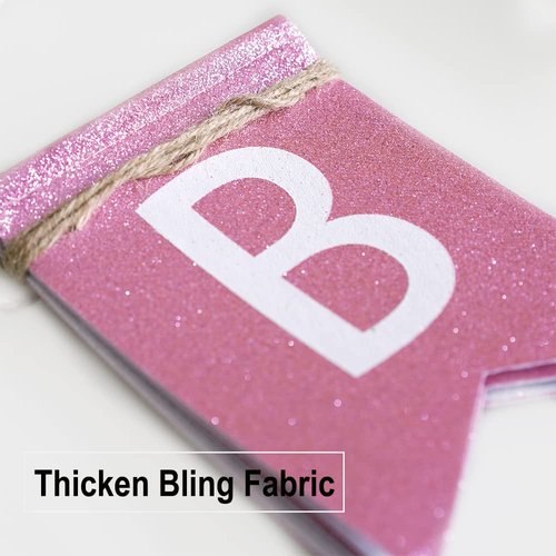 Fabric Happy Birthday Banner, Pre Assembled Glitter Pink Birthday Sign for Birthday Party Decorations supplies