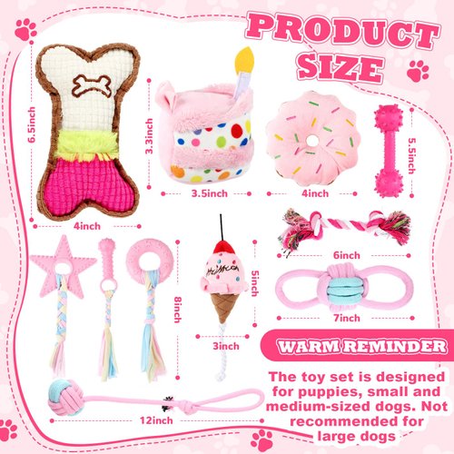 RoundFunny 11 Pcs Dog Birthday Toy Dog Birthday Cake Puppy Teething Toys Girl Boy Squeak Toys Interactive Dog Toys Dog Birthday Gift with Box for Puppy Small Medium Size(Pink)