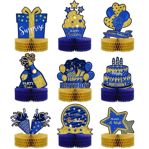 9 Pieces Blue Gold Birthday Table Decorations Happy Birthday Honeycomb Centerpieces Glitter Table...