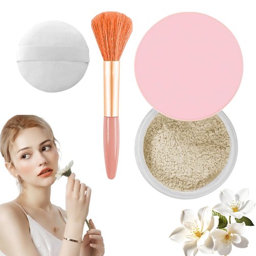 Beauty Blurring Powder,Beauty Setting Powder,Beauty Pink Setting Powder with Powder Puff Brush，Waterproof Setting Powder For All Skin Tones (Beige, 1 Set)