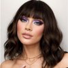 LOSMOEER Natural Brown Wig with Bangs Short Wavy Wigs for Women Shoulder Length Curly Bob Wigs Heat Resistant Synthetic Wigs for Halloween Cosplay Daily Party Use