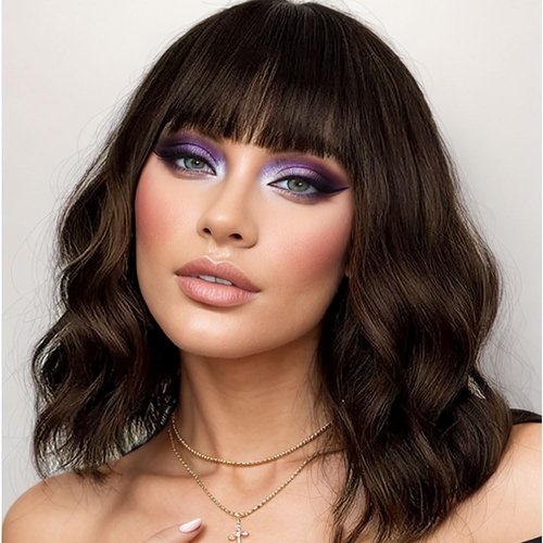 LOSMOEER Natural Brown Wig with Bangs Short Wavy Wigs for Women Shoulder Length Curly Bob Wigs Heat Resistant Synthetic Wigs for Halloween Cosplay Daily Party Use