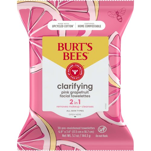 Burts Bees Clarifying Facial Cleanser Towelettes and Makeup Remover Wipes with Pink Grapefruit, for All Skin Types, Made with Repurposed Cotton, 30 Count
