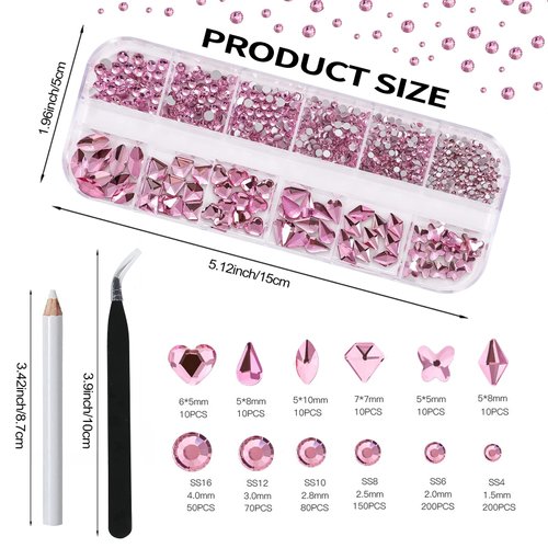 Nail Art Rhinestones Nail Gemstones, 810Pcs Mix Shaped Flatback Crystals Diamonds,with Tweezers and Picking Rhinestones Pen,for DIY Craft Makeup Dressup Manicure Decoration Clothes Shoes(Pink)