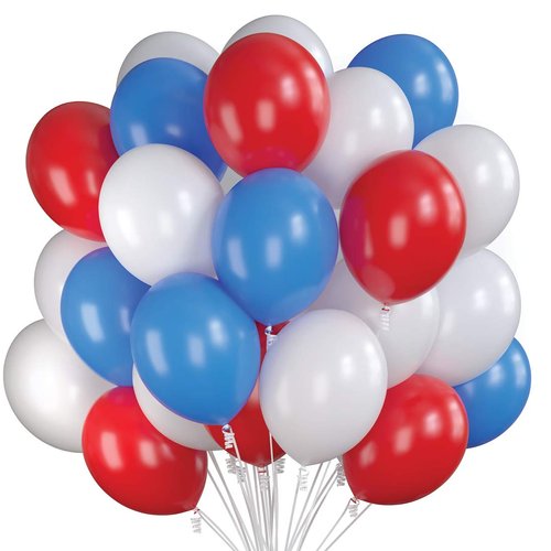 Prextex 75 Party Balloons 12 Inch USA Blue, Red and White Balloons with Ribbon for Red Blue White USA Color Theme Party Decoration, Boy Baby Shower, Birthday Parties Supplies, Helium Quality