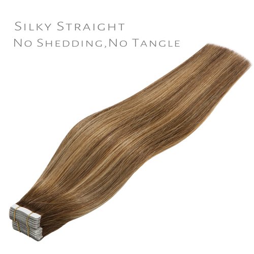Lacer Hair Extensions Human Hair Tape in 18 Inch Highlight Chocolate Brown to Caramel blonde with Brown Roots Tape in Real Human Hair Extensions R#4-4/27