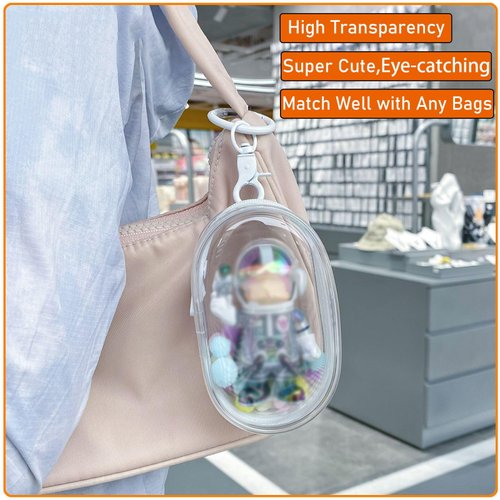 2pcs Clear Figure Display Bag with Keychain Pompom Ball Portable Mini Doll Pouch Carrying Case Blind Box Figures Display Case for Collectibles Zipper Closure (Oval)