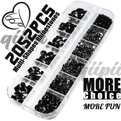 2052Pcs Black Nail Art Rhinestones Kit 72 Multi Shapes Crystal Flatback Rhinestones Gems +1980 Jet Black Round Beads Glass Stones Diamonds jewels w Tweezer & Wax Pen for Nail Faces Eyes Makeup Crafts