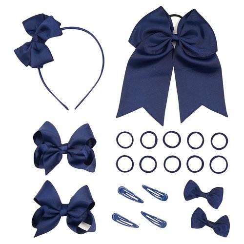 20 Pcs School Uniform Hair Bows Ribbon Bowknot Hair Clips Headband Snap Hair Barrettes Small Soft Ponytail Holders Hair Accessories Set for Girls Navy Blue