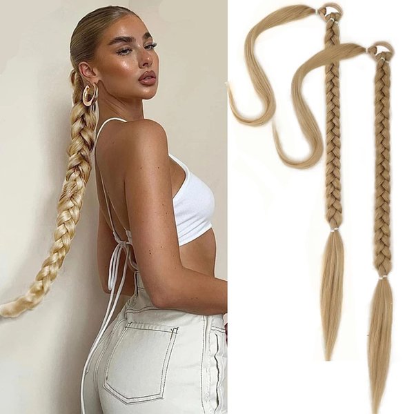 32 Inch Long Straight Wrap Around Ponytail Hair Extensions DIY Braid Ponytail with Elastic Tie Sleek Wrap Around Braid Hair Extensions Natural Soft Synthetic Hairpieces For Women Daily Wear (2PC,