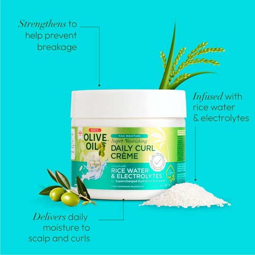 Olive Oil Max Moisture Super Nourishing Daily Curl Crème infused with Rice Water & Electrolytes for Supercharged Hydration & Growth (8.0 oz)