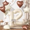 12 Cream White Balloons, 12 Number Balloons Set, Beige Number 12 Balloons, Brown Nude Sand White Foil Star Heart Balloons With Long Balloons For 12th Birthday Party 1st 2nd Baby Shower Decor