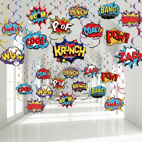 54 Pieces Hero Themed Party Decorations, Fun Hero Theme Party Sign Cutouts Foil Ceiling Hanging Swirls Streamers for Kids Adults Hero Birthday Celebrating Party Baby Shower Supplies (Vintage)