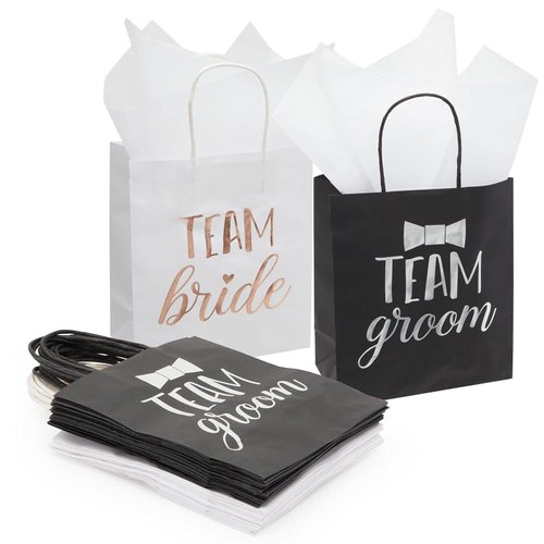Juvale 20 Pack Bride and Groom Gift Bags with Tissue Paper for Wedding, Groomsmen, Bridesmaid, Reads Team Bride and Team Groom (8 x 4 x 9 In)