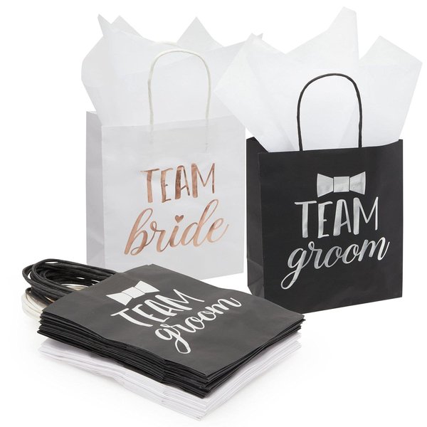 Juvale 20 Pack Bride and Groom Gift Bags with Tissue Paper for Wedding, Groomsmen, Bridesmaid, Reads Team Bride and Team Groom (8 x 4 x 9 In)