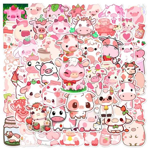 50 PCS Cute Cow Pig Stickers, Kawaill Rainbow Cattle Waterproof Vinyl Stickers for Water Bottles, Laptop, Scrapbook, Cow and Pig Aesthetic Stickers Bulk, Party Supplies