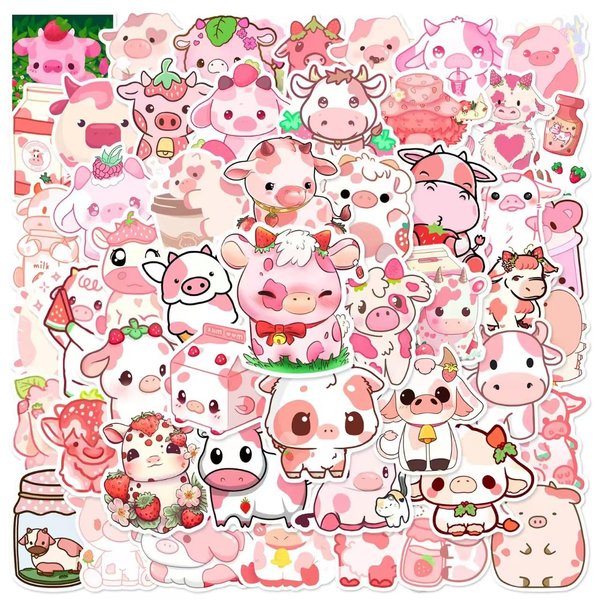 50 PCS Cute Cow Pig Stickers, Kawaill Rainbow Cattle Waterproof Vinyl Stickers for Water Bottles, Laptop, Scrapbook, Cow and Pig Aesthetic Stickers Bulk, Party Supplies