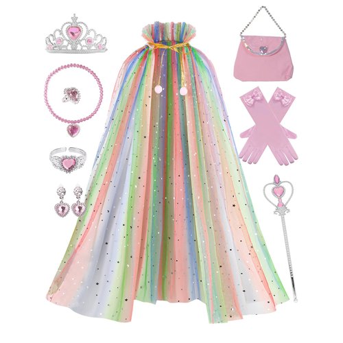 Sabbenia Princess Cape Set for Little Girl Dress up,11Pcs Princess Cape Cosplay Christmas Halloween Birthday Gift 3-8Y (Rainbow)