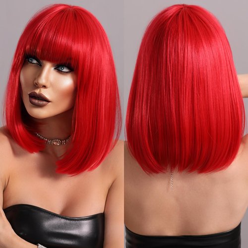 PARK YUN Short Red Bob Wigs for Women Glueless Synthetic Shoulder Length Wig with Bangs Heat Resistant Straight Blunt Cut Wig for Girls Daily Party Cosplay 14 inch