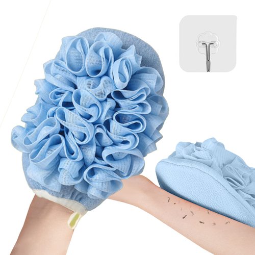 Exfoliating Glove with Loofah Sponge, Double Sided Bath Sponge, Loofah Exfoliating Body Scrubber Bath Sponges for Shower Women/Men Exfoliating Gloves for Body Dead Skin Shower Sponge (Blue 1Pcs)