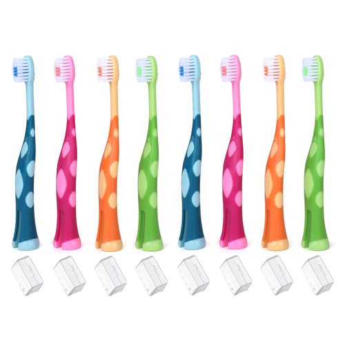 55Dental Kids Toothbrush Set of Soft Giraffe Toothbrush for Kids 3-9. Easy-Grip, Bristle Cover, Self-Standing & Splited Bottom for Cup Rim. by Lix, 4 Colors