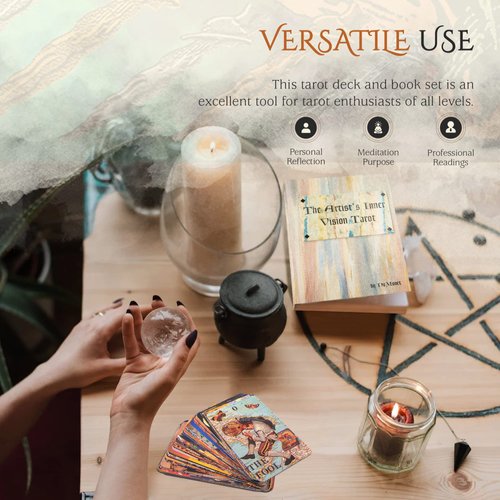 NoMonet Collaborative Tarot Deck & Book Set, Artist's Inner Vision - 78 Cards, 26 Artists, Brocade Bag, Necklace - Esoteric, Timeless, Classical, Modern - Includes Explanations Book - Unique Gift