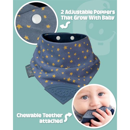 Cheeky Chompers 2-in-1 Baby Dribble Bib with Soft Silicone Teether, Reversible Bandana Style, Innovative Dimple Design Soothes Gums, 3-Layer Absorbency (Midnight Stars Neckerchew)