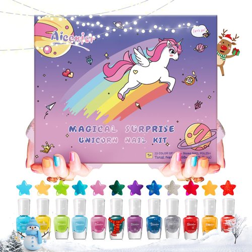 Aieenjor Kids Nail Polish Kit, 12 Color Toddler Nail Polish Set Non Toxic Peel-Off Safe Water Based Low Odor for Girls Ages 5+ for Makeovers and Birthday Zodiac Theme