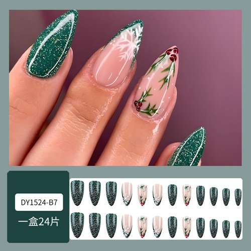 Christmas Press on Nails Almond Green Glitter Fake Nails Medium French Tip False Nails with Snowflake Designs Acrylic Nails Xmas Glue on Nails Glossy Medium Artificial Nails Stick on Nails for Women