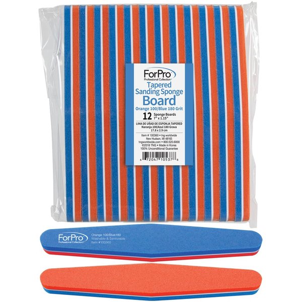 ForPro Professional Collection Sanding Sponge Board, Orange 100/Blue 180 Grit, Double-Sided Manicure & Pedicure Nail Buffer, 7” L X 1.15” W, 12-Count