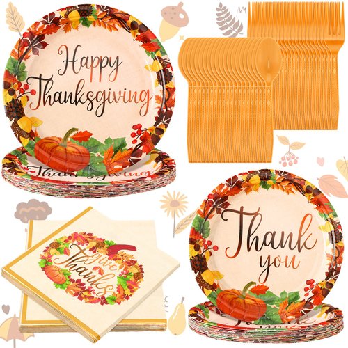 Spiareal 100pcs Thanksgiving Paper Plates and Napkins Pumpkin Theme Party Disposable Dinnerware Give Thanks Tableware for Thanksgiving