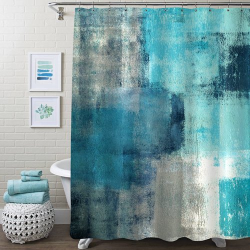 MitoVilla Teal Blue Shower Curtains for Modern Abstract Bathroom Decor, Turquoise Green Fabric Shower Curtain, Vintage Country Grunge Style & Paint Brush Graffiti Design, 72 x 72