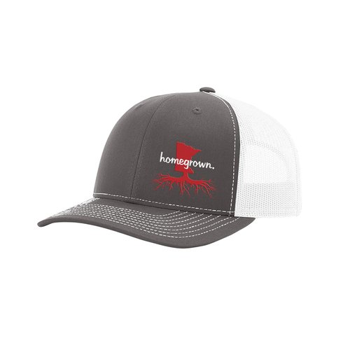 Heritage Pride Men's Homegrown Roots State Pride Embroidered Charcoal with White Mesh Back Trucker Hat-Minnesota