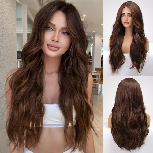 EMMOR Long Mixed Brown Wavy Wig for Women Lace Front Wigs Natural Looking 26 Inch Middle Part Curly Wig Heat Resistant Synthetic Wigs for Daily Party Use