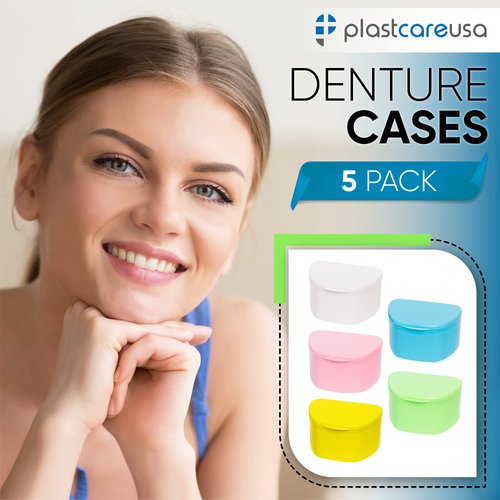Denture Cases 5 Color Pack - Dental Box For Artificial Teeth, Mouth Guard, Night Guard, Gum Shields, Retainer - Denture Bath Container for Women and Men - Travel Denture Cup by PlastCare USA