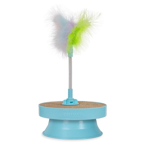 Catstages 2-in-1 Spring Toy Interactive Cat Toy and Topper for Cat Ball Track with Removable Feather Spring Toy and Corrugated Cat Scratcher, Blue