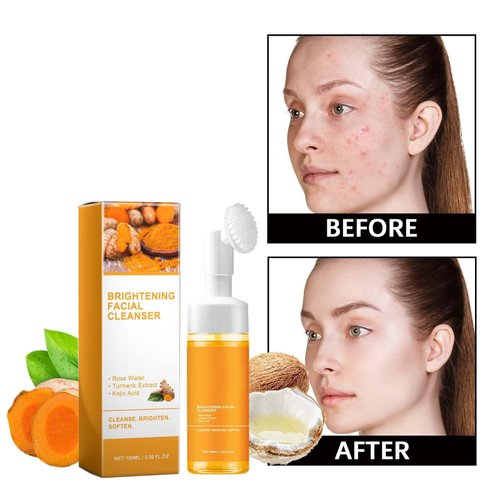 2 Pcs Turmeric Kojic Acid Foaming Face Wash, Deep Cleansing Glow Wash Turmeric Facial Cleanser With Brush.