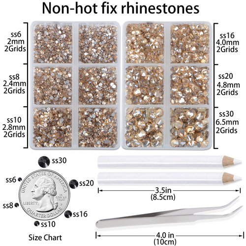 LPBeads 6000 Pieces Champagne Non Hotfix Rhinestones 6 Sizes Round Crystal Glass Flat Back Rhinestones with Tweezers and Picking Pen for Nail Art Crafts Clothes Bags DIY