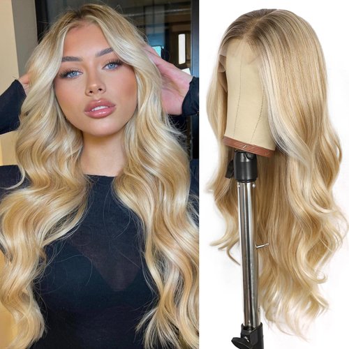 LLEI'Z Blonde Short Wavy Wigs for Women, 13X4 Synthetic Lace Front Blonde Wigs with Dark Roots Pre Plucked with Baby Hair Natural Looking 150% Density Heat Resistant Party Date Daily Wear Wig 22 Inch