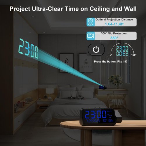 Projection Alarm Clock for Bedroom with Weekday/Weekend Mode,Digital Clock with 350° Projector,5-Level Dimmer,Adjustable Volume,Temperature & Humidity Monitor,Calendar,Snooze,12/24H,DST,Battery Backup