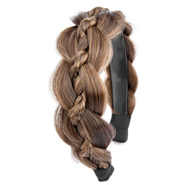 Gledola Wide Braided Headband with Teeth Synthetic Hair Plaited Headband High Elasticity Braids Hair Band Hairpiece for Girls Women (Claybank, Wide)